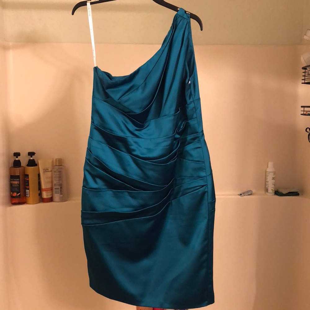Teal one shoulder silk party dress